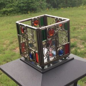 Stained Glass Candle Holder with Multicolor Accents